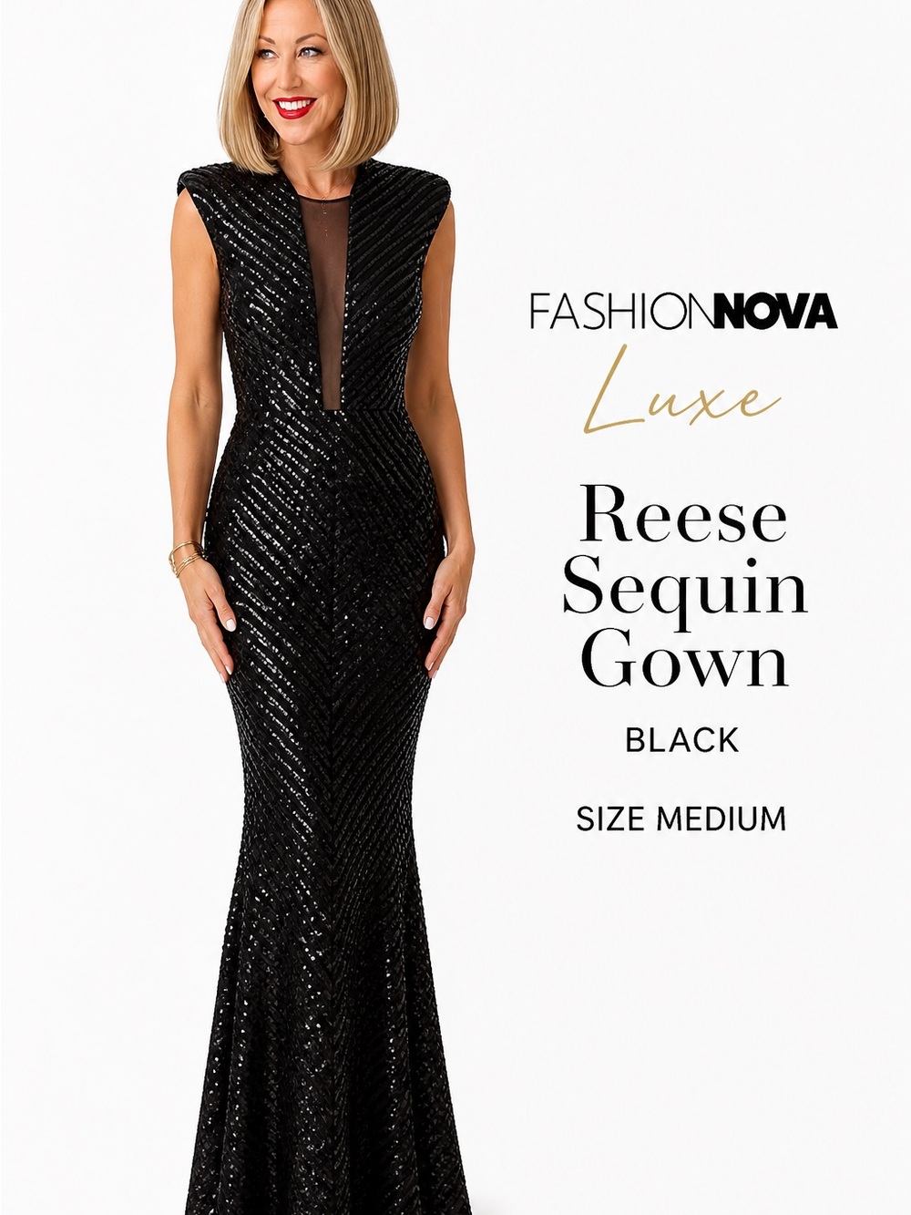 Black Sequin Mermaid Gown Mesh Plunge Formal Dress Size M NovaLuxe - Picture 2 of 6